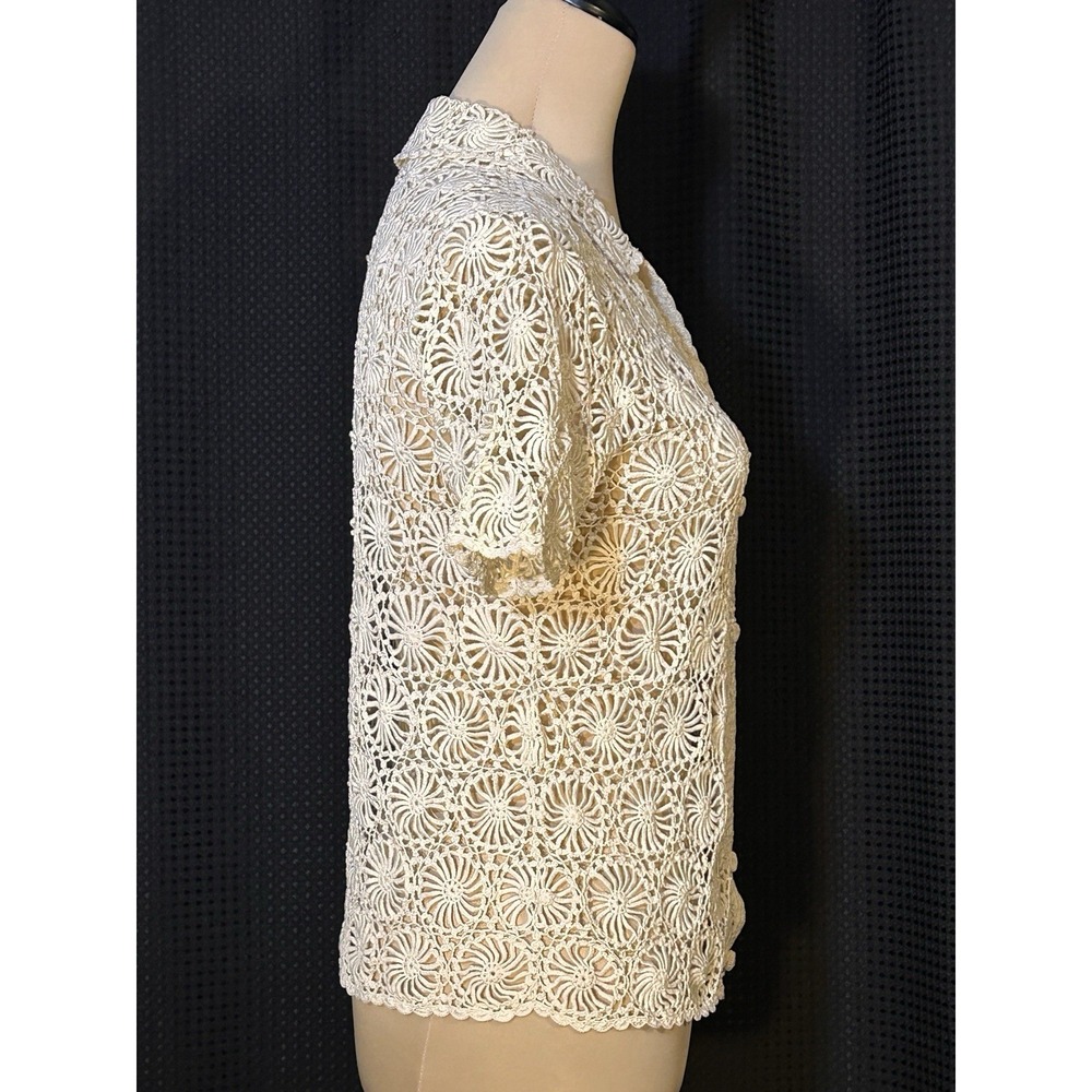Vintage Crochet Lace Cream Romantic Boho Short Sleeve Button UP Sheer Top Blouse - Picture 5 of 7